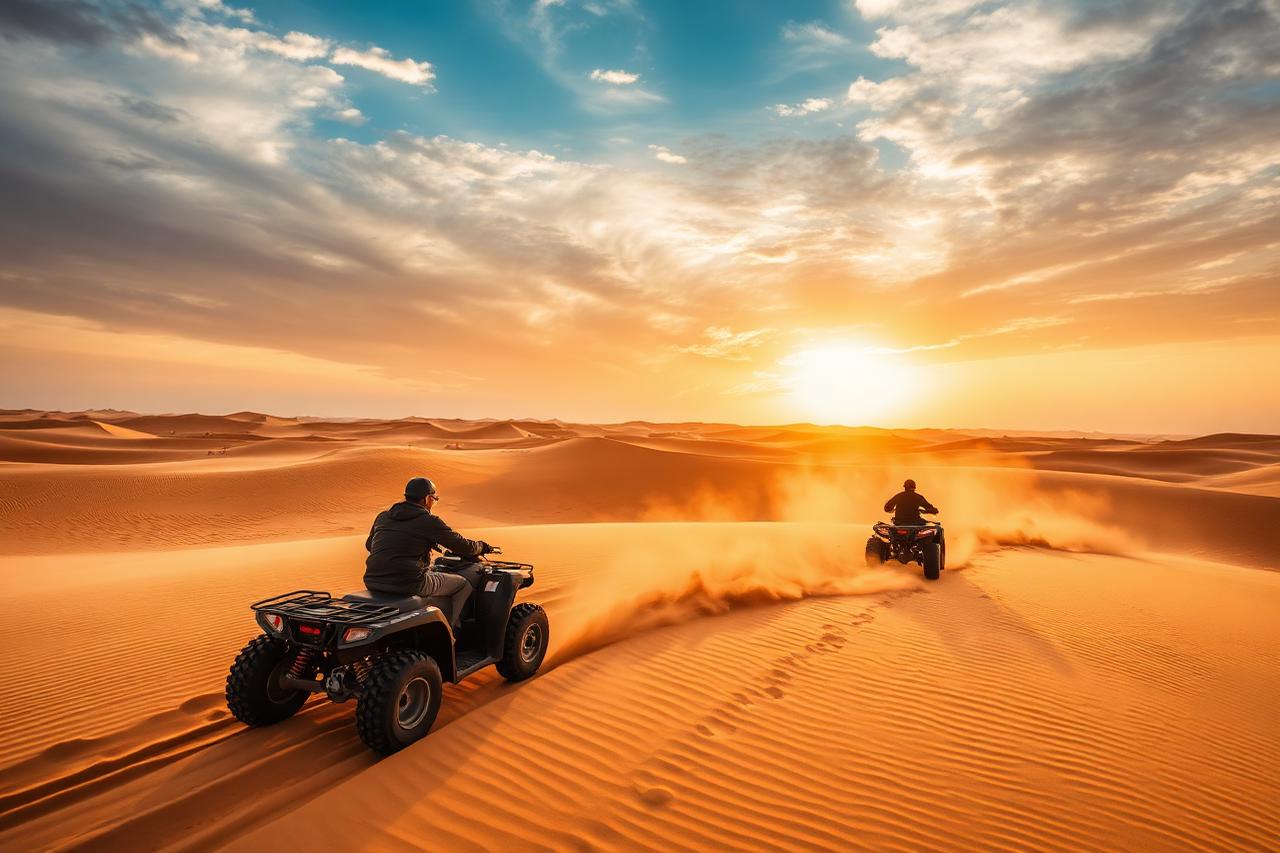 Quad bikes crossing the desert dunes near Hurghada at sunset